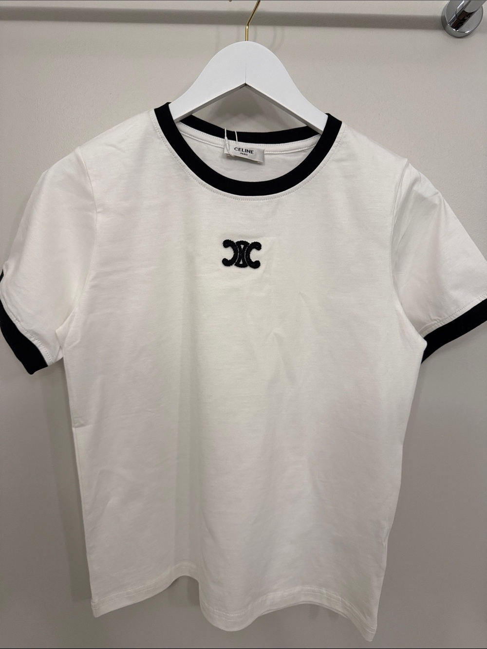 Celine White Tee with Black Ringer and Logo